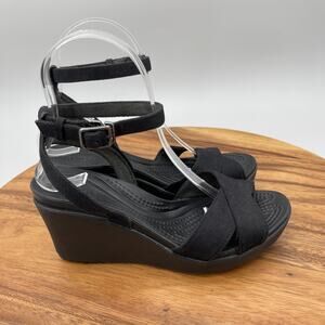 Crocs Leigh II Womens Size 6 Black Ankle Strap Wedge Pump Comfort Open Toe